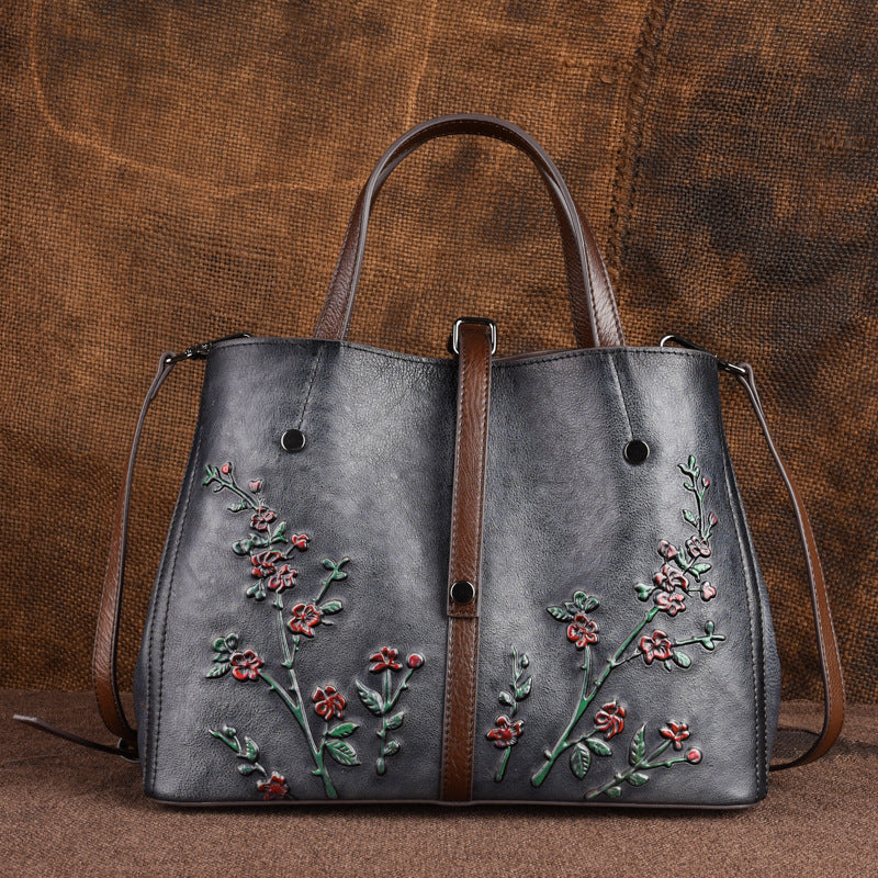 Genuine Leather Chinese Vintage Tote Bag for Women, Classical Top Handle Handbag with Hand-Burnished Finish, Large Capacity Multi-Compartment Purse for Ladies
