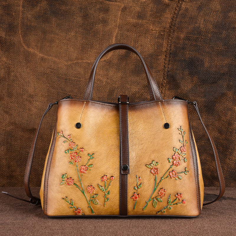 Genuine Leather Chinese Vintage Tote Bag for Women, Classical Top Handle Handbag with Hand-Burnished Finish, Large Capacity Multi-Compartment Purse for Ladies