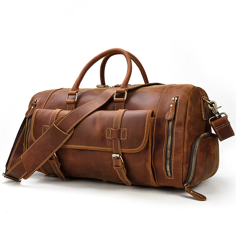 Large Capacity Crazy Horse Leather Travel Duffle for Men, Top Handle Luggage Bag with Shoe Compartment, Premium Cowhide Weekender for Gentlemen