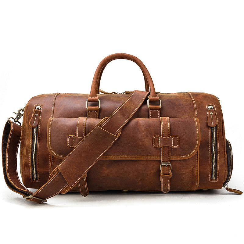 Large Capacity Crazy Horse Leather Travel Duffle with Shoe Compartment, Top Handle Shoulder Crossbody Luggage Bag for Men