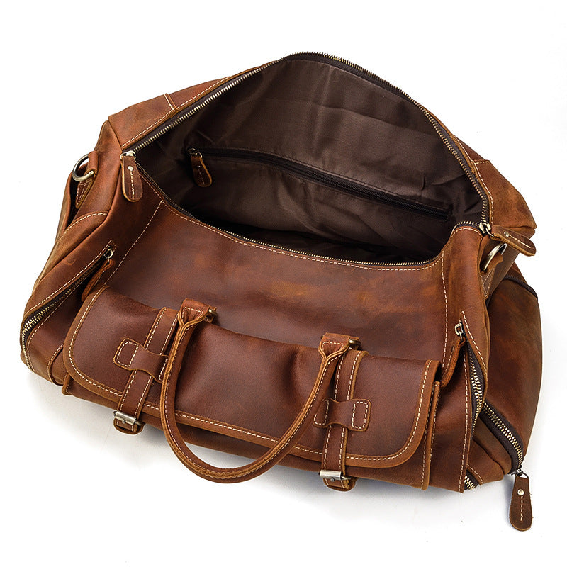 Crazy Horse Leather Large Capacity Travel Duffle with Shoe Compartment, Top Handle Shoulder Crossbody Bag, Premium Weekender for Men