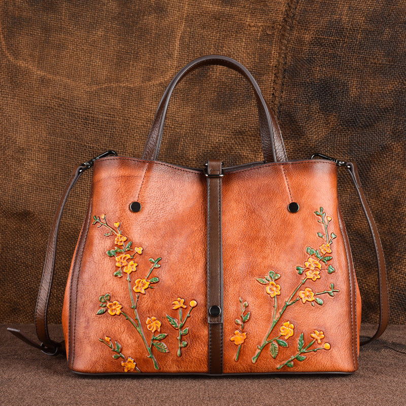 Genuine Leather Chinese Vintage Tote Bag for Women, Classical Top Handle Handbag with Hand-Burnished Finish, Large Capacity Multi-Compartment Purse for Ladies