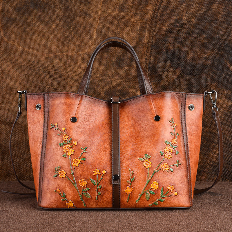 Genuine Leather Chinese Vintage Tote Bag for Women, Classical Top Handle Handbag with Hand-Burnished Finish, Large Capacity Multi-Compartment Purse for Ladies