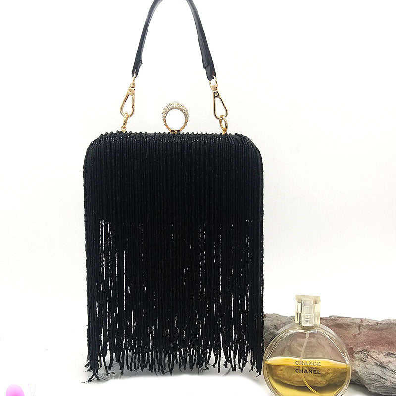 Genuine Leather Tassel Chain Small Square Bag for Women, Niche Trendy Evening Banquet Runway Clutch Purse, Fashionable Shoulder Handbag for Ladies