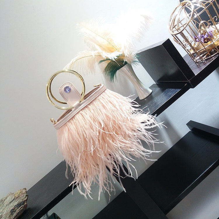 Women's Trendy Ostrich Feather Handbag, Faux Fur Chain Shoulder Bag with Round Ring Top Handle, Versatile Street Style Purse for Daily Use