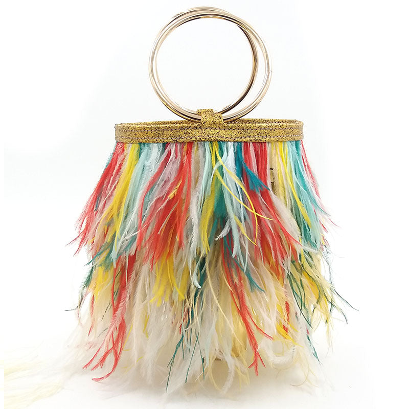 Women's Trendy Ostrich Feather Handbag, Faux Fur Chain Shoulder Bag with Round Ring Top Handle, Versatile Street Style Purse for Daily Use