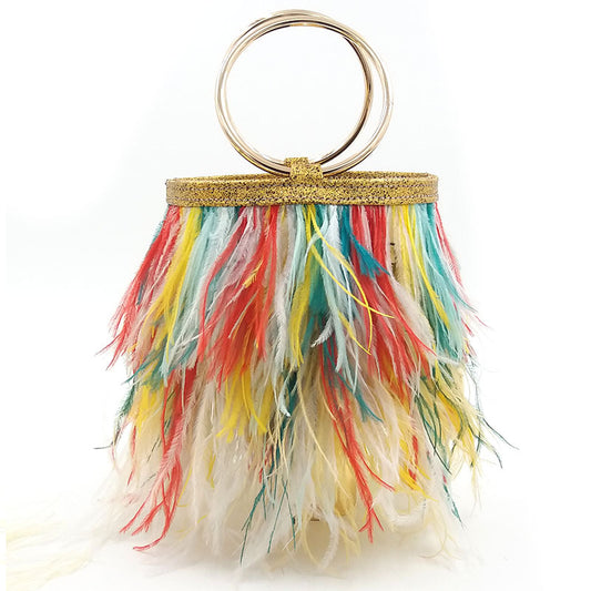 Women's Trendy Ostrich Feather Handbag, Faux Fur Chain Shoulder Bag with Round Ring Top Handle, Versatile Street Style Purse for Daily Use