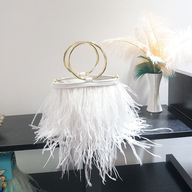 Women's Trendy Ostrich Feather Handbag, Faux Fur Chain Shoulder Bag with Round Ring Top Handle, Versatile Street Style Purse for Daily Use