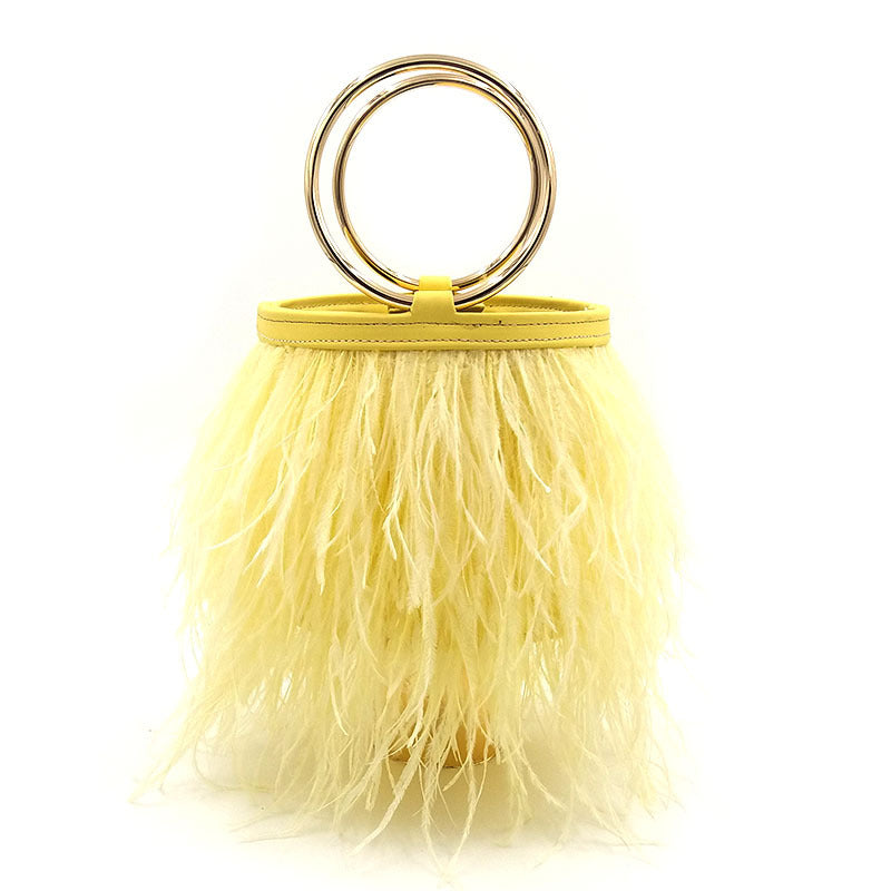 Women's Trendy Ostrich Feather Handbag, Faux Fur Chain Shoulder Bag with Round Ring Top Handle, Versatile Street Style Purse for Daily Use