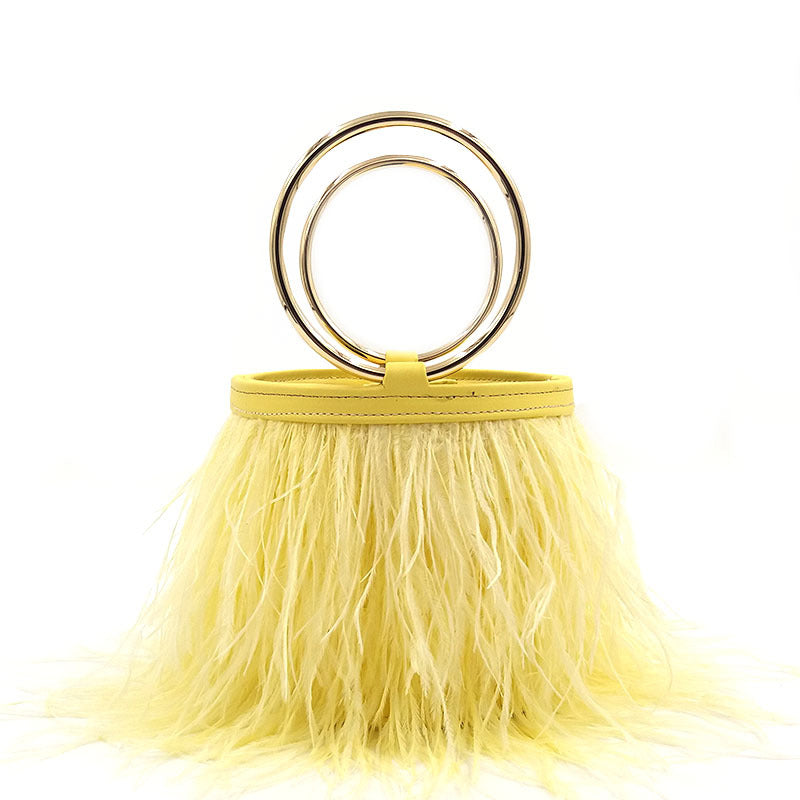 Women's Trendy Ostrich Feather Handbag, Faux Fur Chain Shoulder Bag with Round Ring Top Handle, Versatile Street Style Purse for Daily Use