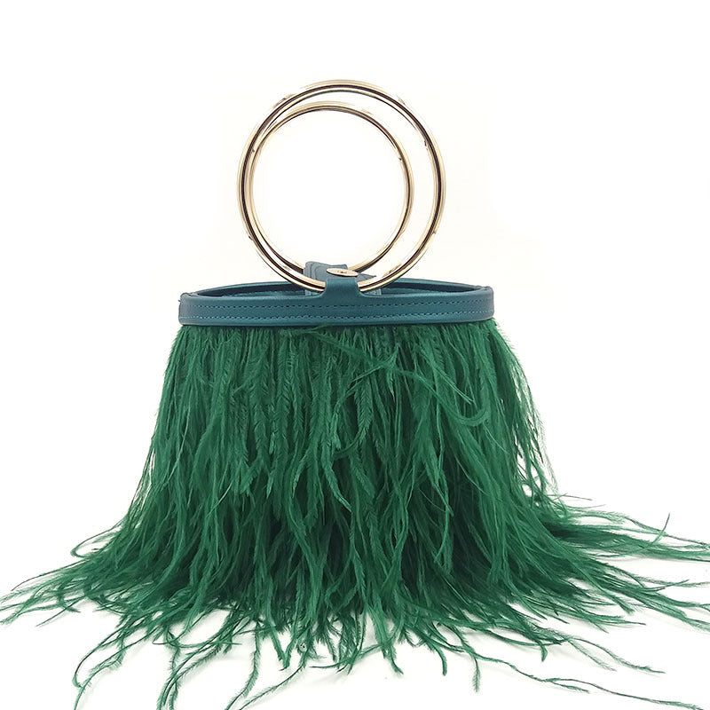 Women's Trendy Ostrich Feather Handbag, Faux Fur Chain Shoulder Bag with Round Ring Top Handle, Versatile Street Style Purse for Daily Use