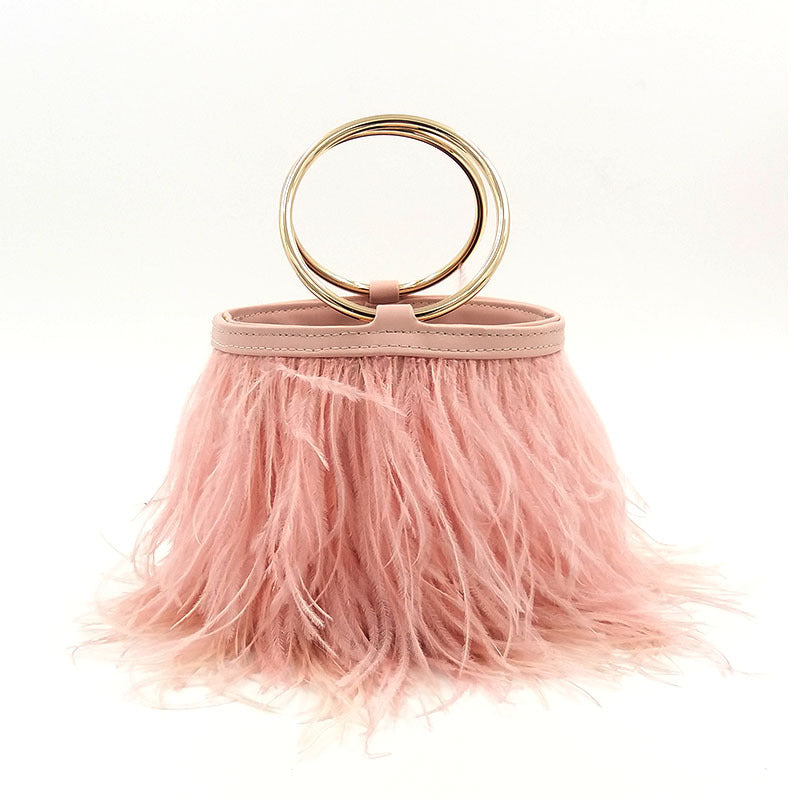 Women's Trendy Ostrich Feather Handbag, Faux Fur Chain Shoulder Bag with Round Ring Top Handle, Versatile Street Style Purse for Daily Use