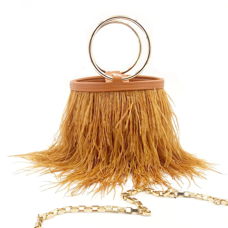 Women's Trendy Ostrich Feather Handbag, Faux Fur Chain Shoulder Bag with Round Ring Top Handle, Versatile Street Style Purse for Daily Use