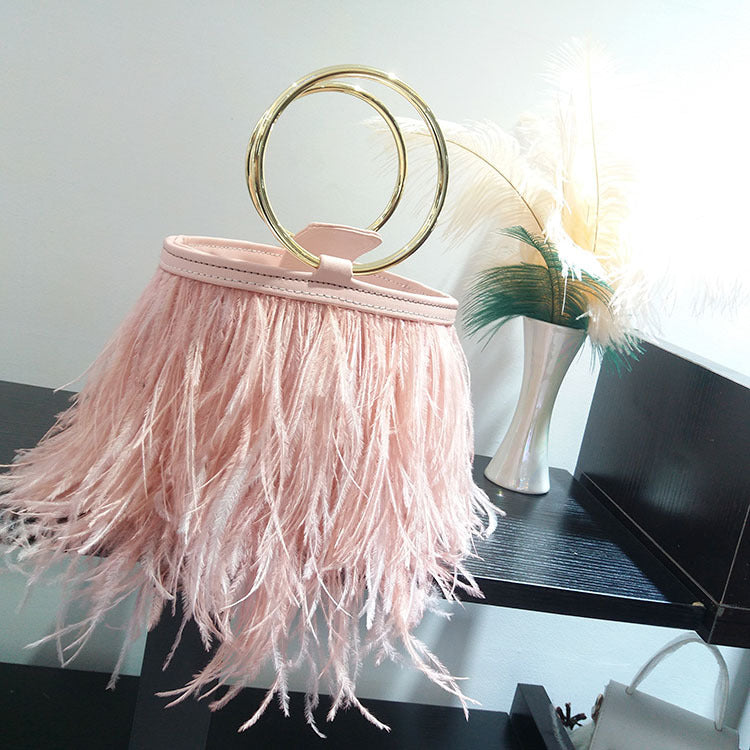 Women's Trendy Ostrich Feather Handbag, Faux Fur Chain Shoulder Bag with Round Ring Top Handle, Versatile Street Style Purse for Daily Use