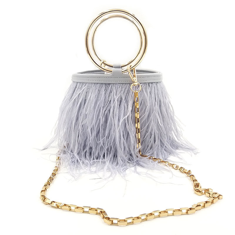 Women's Trendy Ostrich Feather Handbag, Faux Fur Chain Shoulder Bag with Round Ring Top Handle, Versatile Street Style Purse for Daily Use