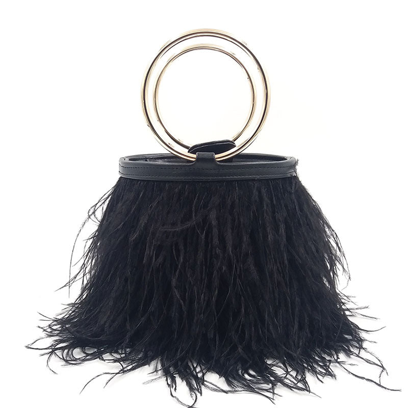 Women's Trendy Ostrich Feather Handbag, Faux Fur Chain Shoulder Bag with Round Ring Top Handle, Versatile Street Style Purse for Daily Use