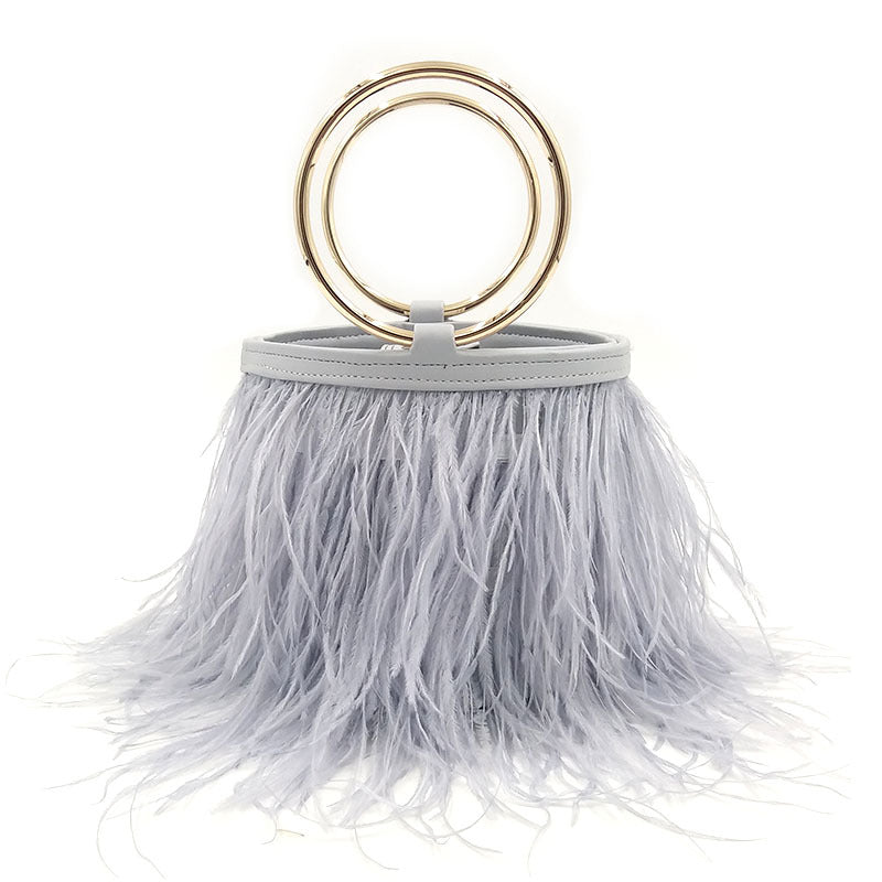 Genuine Leather Ring Chain Ostrich Feather Tassel Bag for Women, Shiling Fashion Brand Shoulder Crossbody Top Handle Purse, Runway Style Versatile Handbag for Ladies