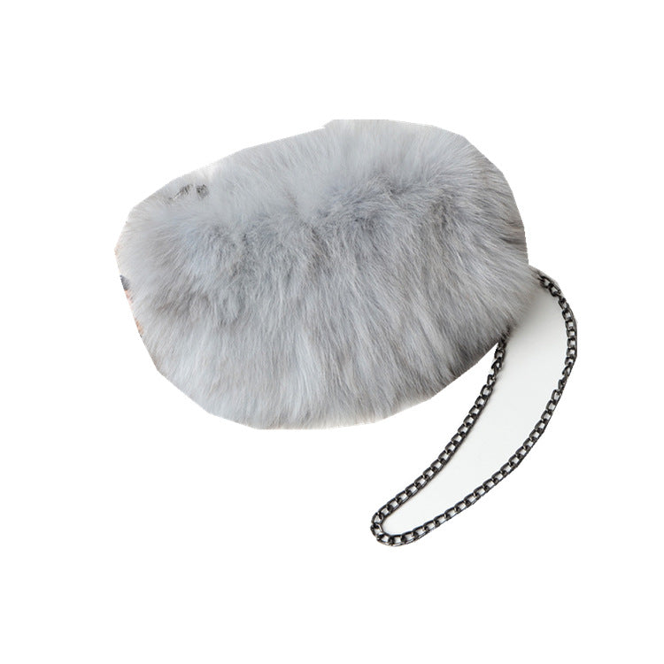 New Fashion Fox Fur Muff Bag for Women, Warm Fluffy Fur Shoulder Crossbody Purse with Chain Strap, Genuine Fur Handbag for Winter