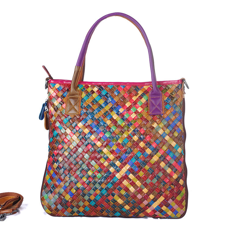 Genuine Leather Handwoven Vintage Ethnic Colorful Handbag for Women, Top Handle Crossbody Purse, Unique Bohemian Design, Casual Travel Bag for Ladies