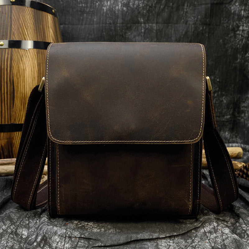 Crazy Horse Leather Flap Crossbody Shoulder Bag, Top Layer Cowhide iPad Pouch, Casual Tablet Bag for Men