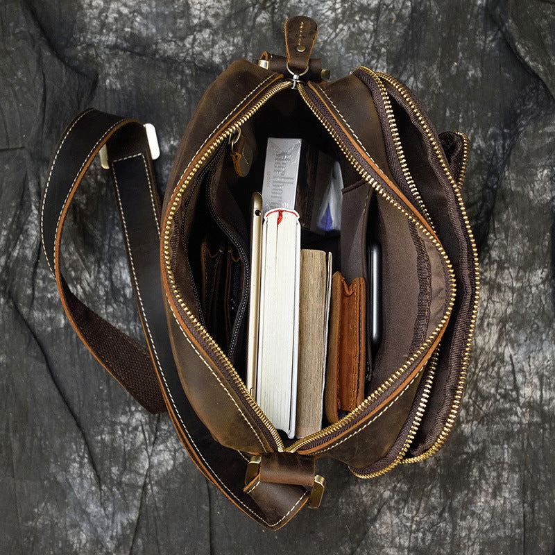 Genuine Crazy Horse Leather Lightweight Shoulder Bag for Men, Casual Crossbody Pouch, Perfect Commute Work Bag for Gentlemen