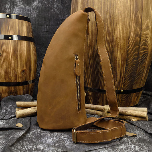 Vintage Crazy Horse Leather Horn Chest Bag, Crossbody Shoulder Pouch, Cowhide Casual Bag for Men