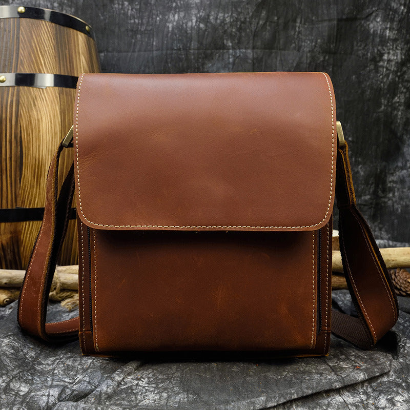 Crazy Horse Leather Flap Crossbody Shoulder Bag, Top Layer Cowhide iPad Pouch, Casual Tablet Bag for Men