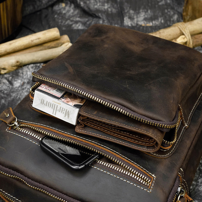 Genuine Crazy Horse Leather Lightweight Shoulder Bag for Men, Casual Crossbody Pouch, Perfect Commute Work Bag for Gentlemen
