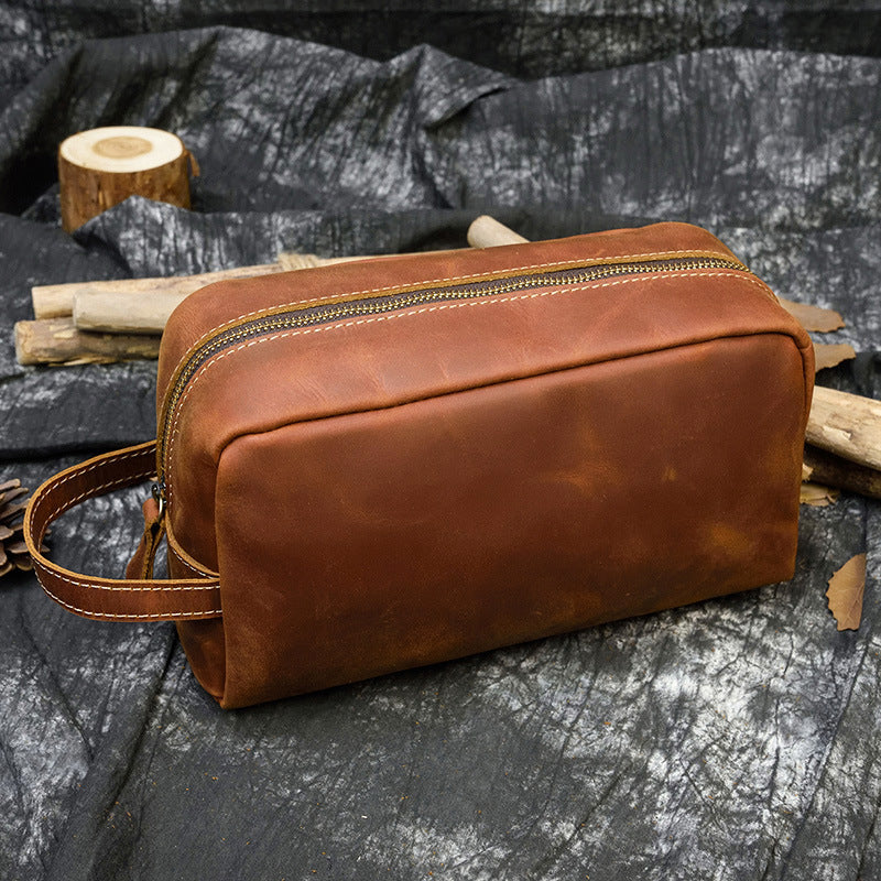 Crazy Horse Leather Toiletry Travel Clutch, Casual Cosmetic Storage Bag, Versatile Organizer Pouch for Men and Women