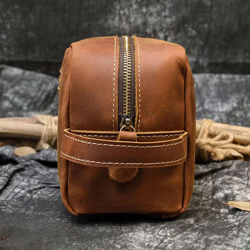 Crazy Horse Leather Toiletry Travel Clutch, Casual Cosmetic Storage Bag, Versatile Organizer Pouch for Men and Women