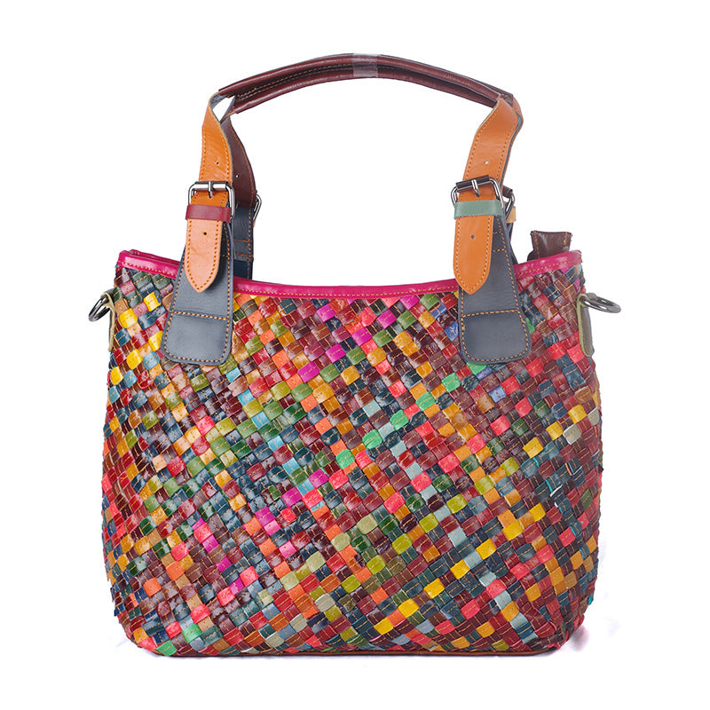 Genuine Leather Handwoven Vintage Ethnic Colorful Handbag for Women, Top Handle Crossbody Purse, Unique Bohemian Design, Casual Travel Bag for Ladies