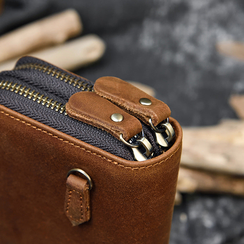 Crazy Horse Leather Double Zipper Long Wallet for Men, Genuine Cowhide Bifold Clutch with Two-Zip Closure, Premium Men's Wallet