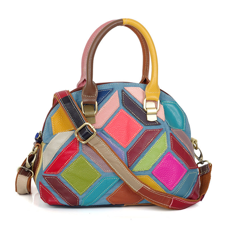 Genuine Cowhide Colorful Handmade Color Block Handbag for Women, New Arrival Casual Denim Style Shoulder Top Handle Purse, Trendy Designer Bag for Ladies