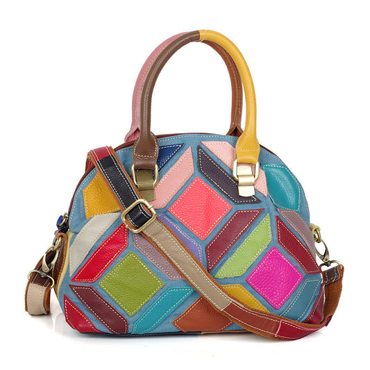 Genuine Cowhide Colorful Handmade Color Block Handbag for Women, New Arrival Casual Denim Style Shoulder Top Handle Purse, Trendy Designer Bag for Ladies