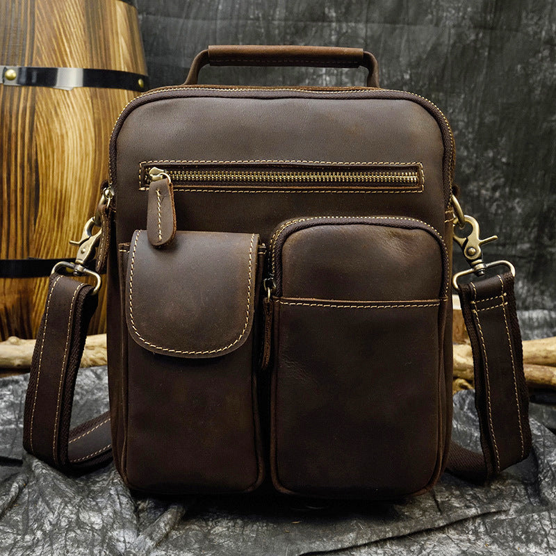 Crazy Horse Leather Vertical Crossbody Shoulder Bag, Top Layer Cowhide Outdoor Pouch with Top Handle for Men