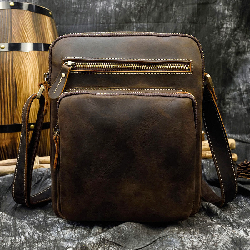 Genuine Crazy Horse Leather Lightweight Shoulder Bag for Men, Casual Crossbody Pouch, Perfect Commute Work Bag for Gentlemen