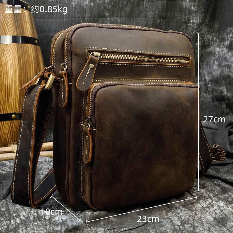 Genuine Crazy Horse Leather Lightweight Shoulder Bag for Men, Casual Crossbody Pouch, Perfect Commute Work Bag for Gentlemen