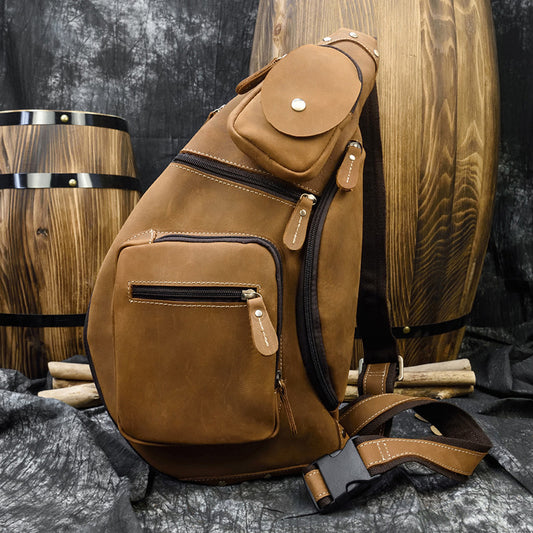 Vintage Crazy Horse Leather Large Capacity Chest Bag, Bestseller Unique Crossbody Shoulder Pouch, Casual Cowhide Backpack for Men