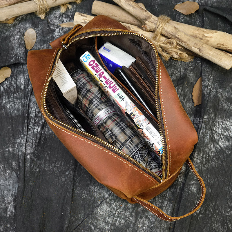 Crazy Horse Leather Toiletry Travel Clutch, Casual Cosmetic Storage Bag, Versatile Organizer Pouch for Men and Women