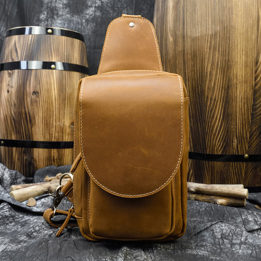 Vintage Crazy Horse Leather Large Capacity Chest Bag, Flap Crossbody Shoulder Pouch, Casual Travel Bag for Men