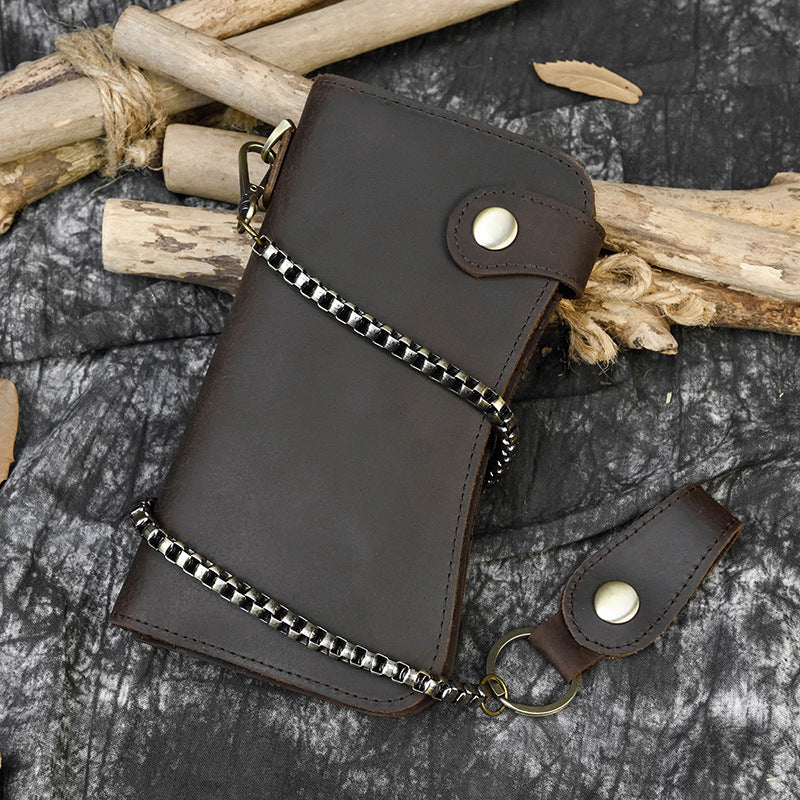 Crazy Horse Leather RFID Blocking Long Wallet for Men, Anti-Theft Chain Clutch, Secure Card Holder Money Bag for Gentlemen