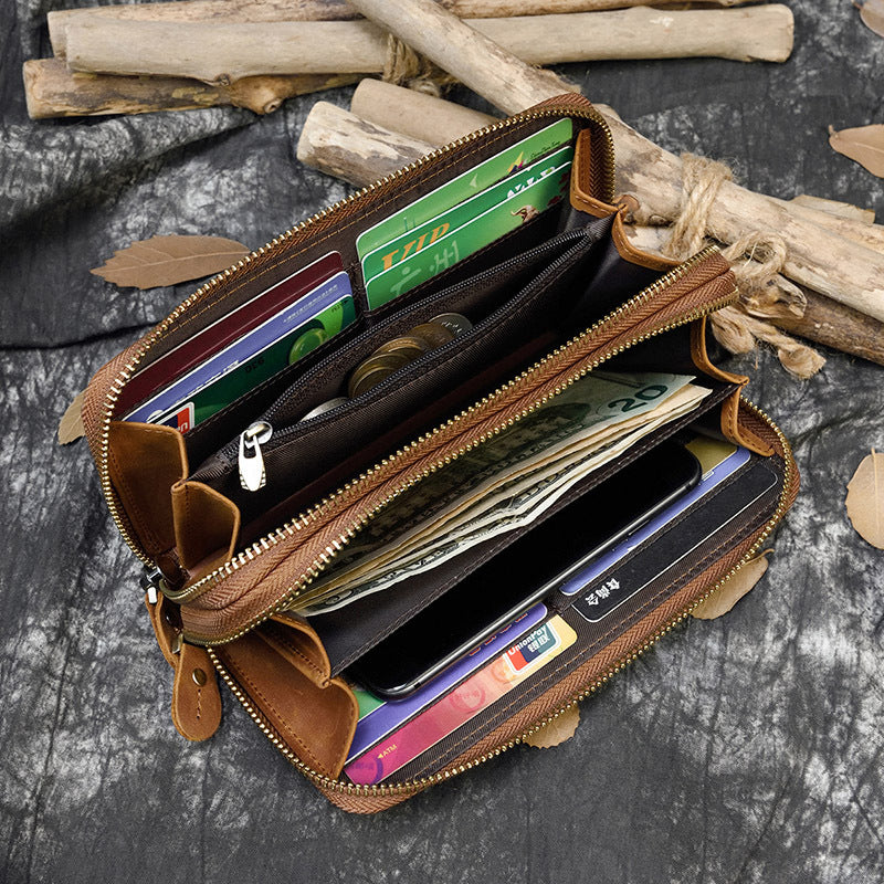 Crazy Horse Leather Double Zipper Long Wallet, Multi-Card Large Capacity Clutch, Genuine Leather Phone Bag for Men