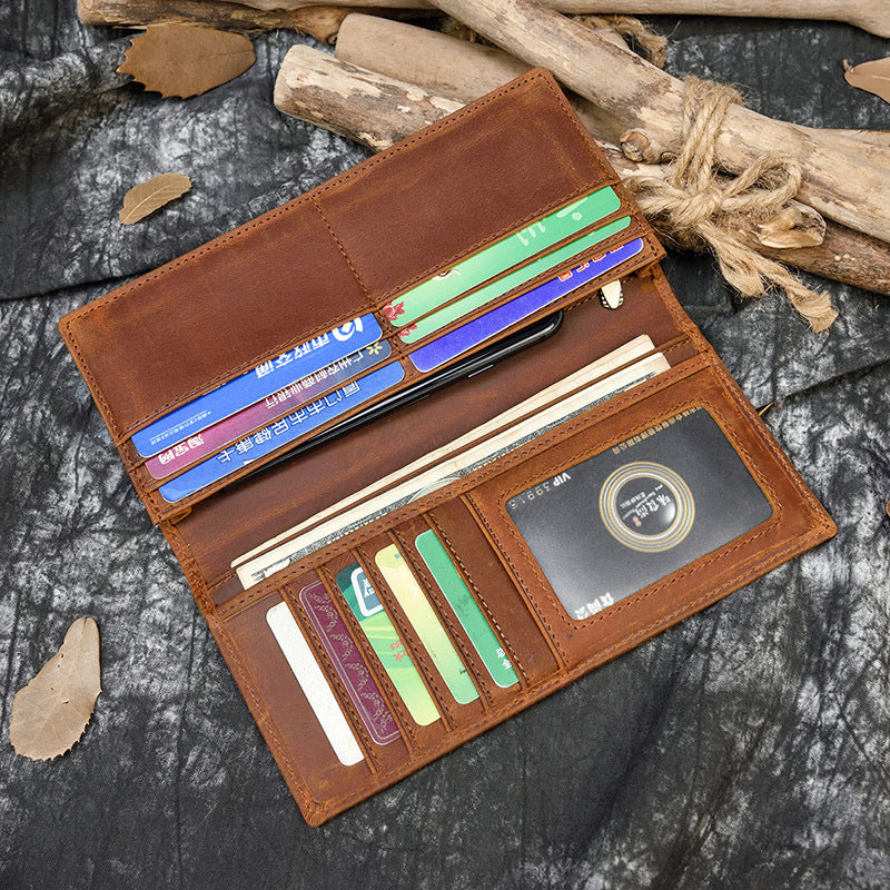 Crazy Horse Leather Multi-Card Long Wallet for Men, Minimalist Top Layer Cowhide Money Holder, Genuine Leather Wallet 8030
