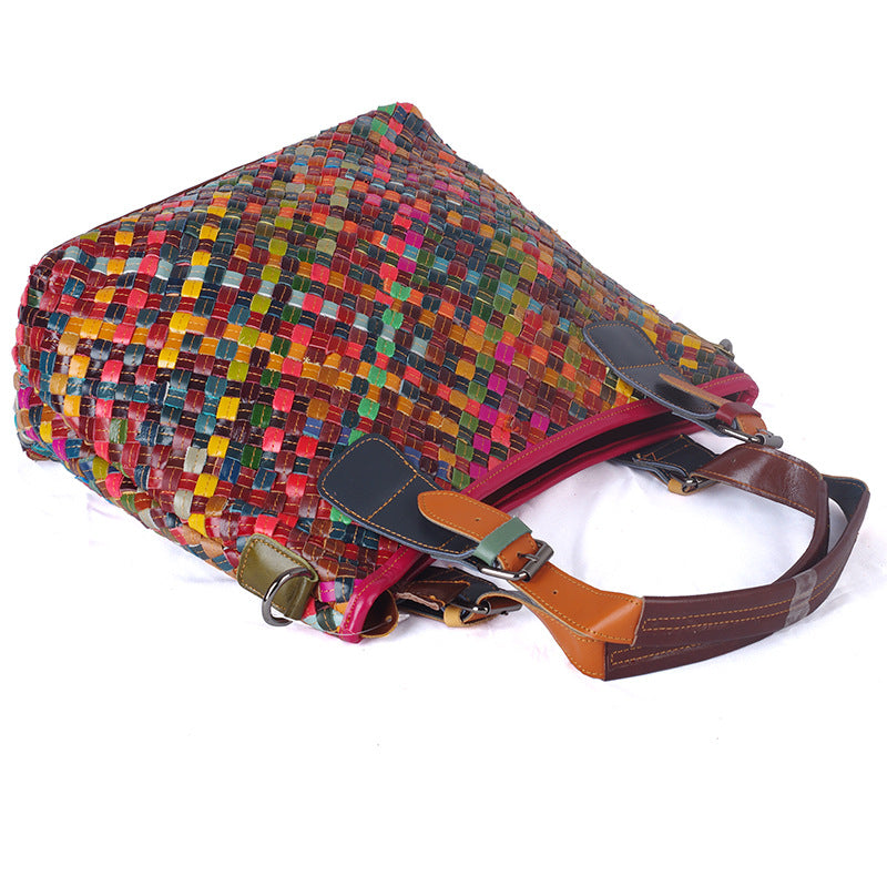 Genuine Cowhide Woven Multicolor Handbag for Women, Casual Street Ethnic Boho Style, Handmade Top Handle Shoulder Purse for Ladies
