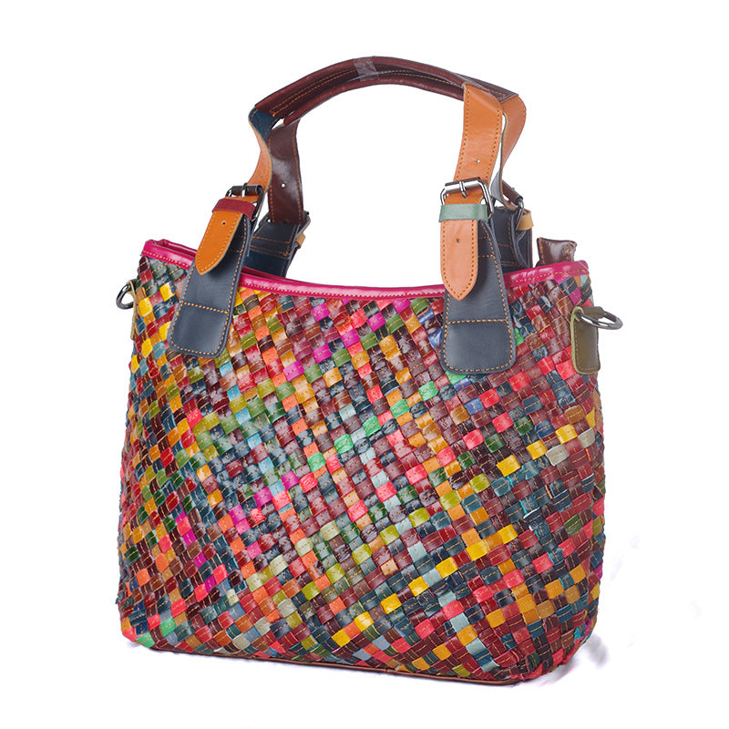 Genuine Cowhide Woven Multicolor Handbag for Women, Casual Street Ethnic Boho Style, Handmade Top Handle Shoulder Purse for Ladies
