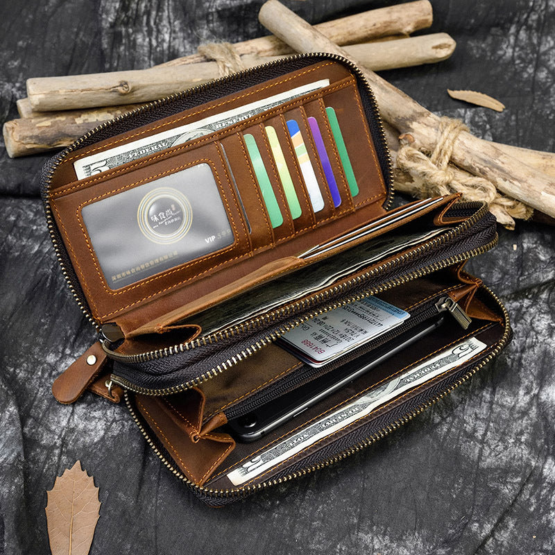 Crazy Horse Leather Double Zipper Long Wallet for Men, Genuine Cowhide Bifold Clutch with Two-Zip Closure, Premium Men's Wallet