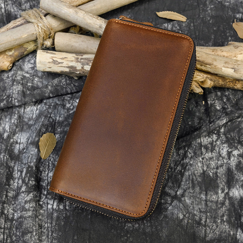 Crazy Horse Leather Double Zipper Long Wallet for Men, Genuine Cowhide Bifold Clutch with Two-Zip Closure, Premium Men's Wallet