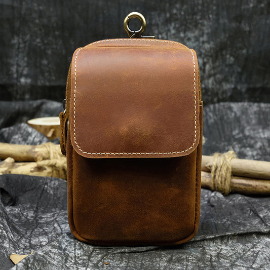 Vintage Crazy Horse Leather Double-Layer Belt Loop Waist Bag, Phone Pouch for Men, Top Layer Cowhide Travel Pack