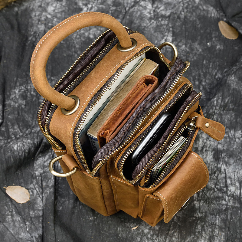 Crazy Horse Leather Multifunctional 3-in-1 Bag, Waist Shoulder Crossbody Pouch, Outdoor Sports Phone Holder for Men