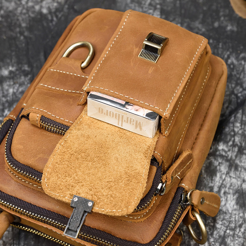 Crazy Horse Leather Multifunctional 3-in-1 Bag, Waist Shoulder Crossbody Pouch, Outdoor Sports Phone Holder for Men